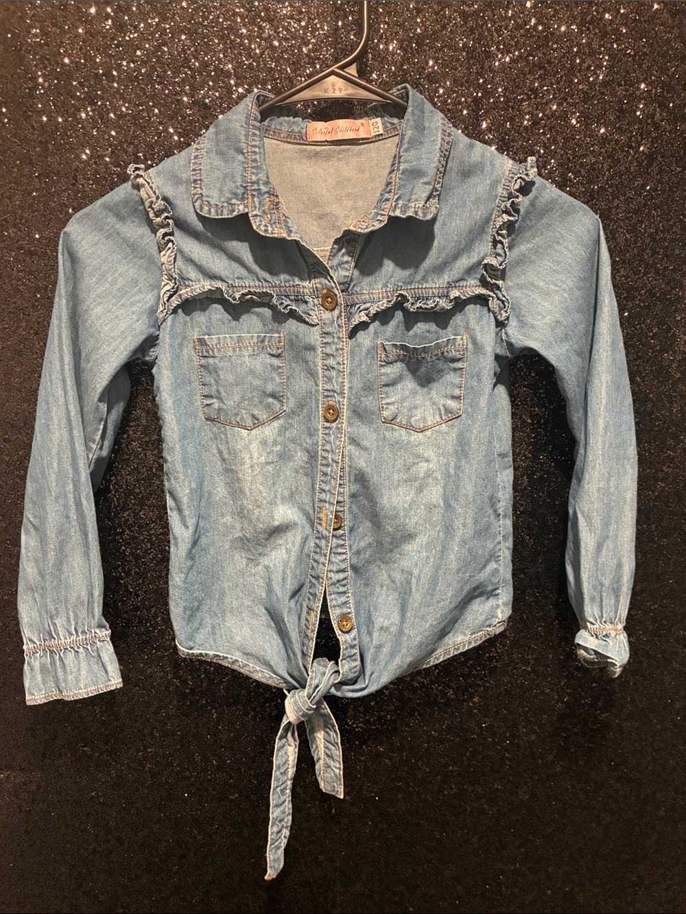 Girls' Light Blue Denim Button-Front Ruffle Tie Shirt